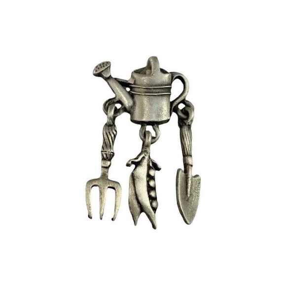 Vintage Signed JJ Pewter Watering Can Dangled Flower Brooch Pin Fork Shovel Corn - Picture 1 of 7